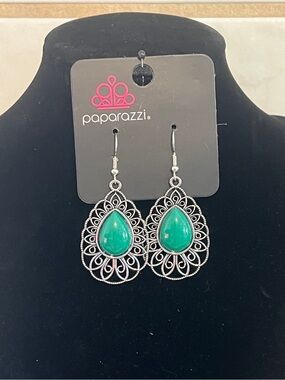 Paparazzi Green Teardrop Lace Filigree Earrings